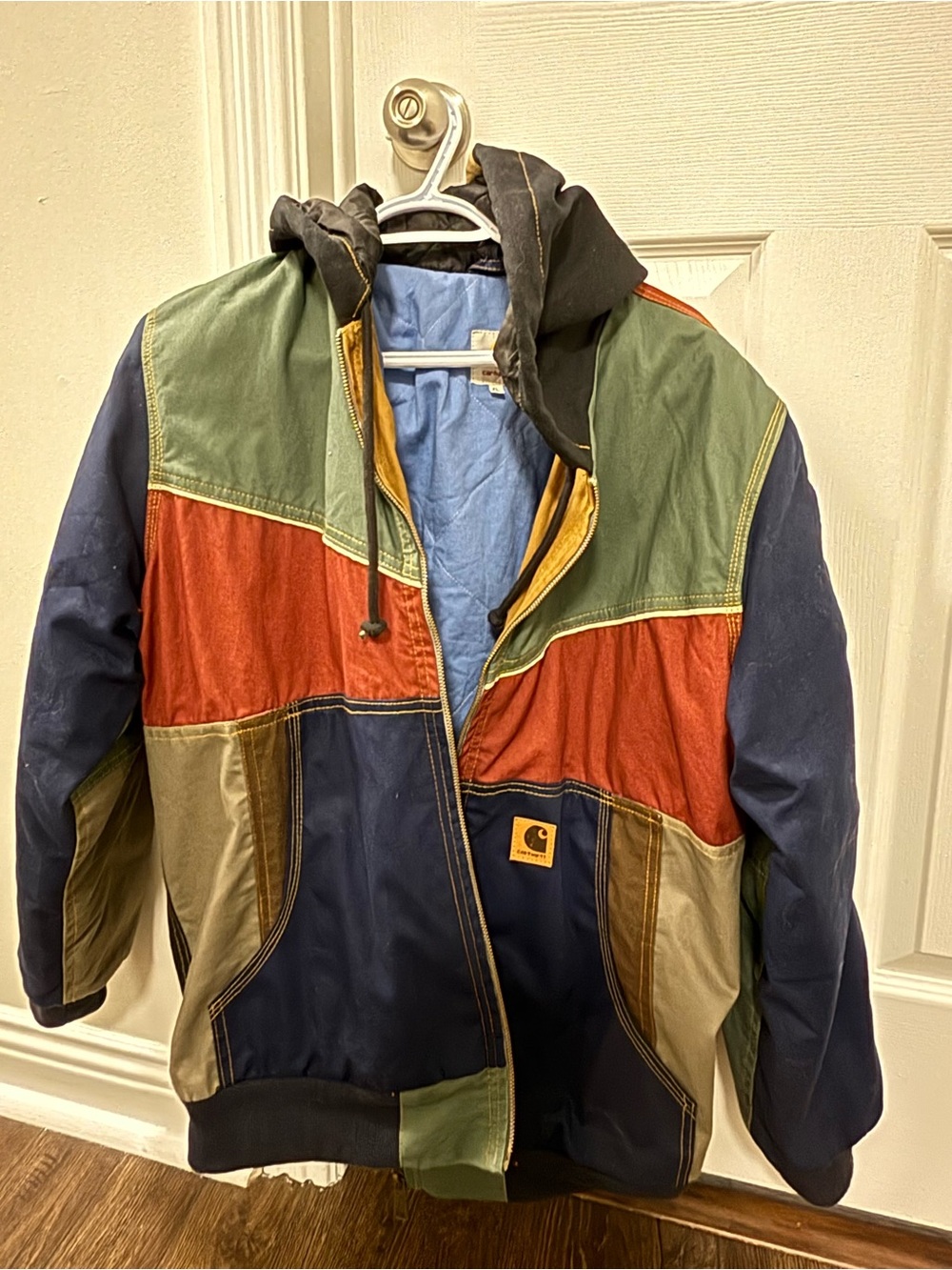 Carhartt Multicolor Patchwork Hooded Bomber Jacket - Navy, Olive, Rust